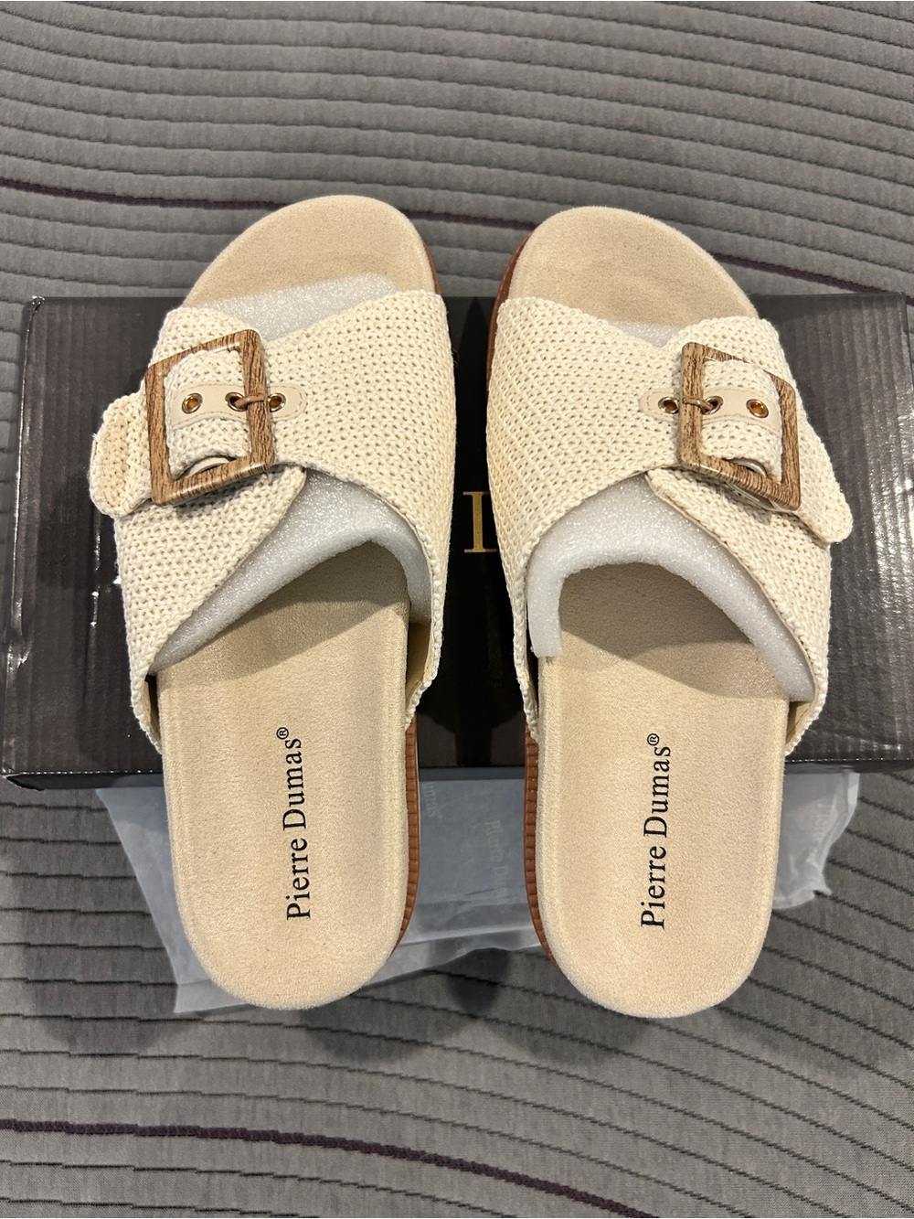 Pierre Dumas Cream Woven Slide Mules with Wood-Tone Buckle